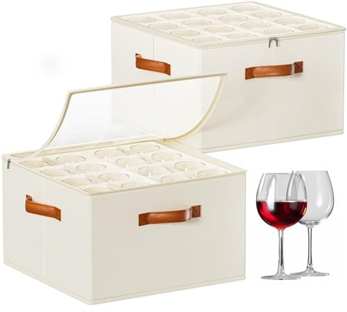 Foyego Wine Glass Storage Box with Dividers, 2 Pack Glassware Storage Containers, Stemware Storage Cases Holds 32 Wine Glasses, Stackable Crystal Storage Containers with Clear Cover for Moving，Beige