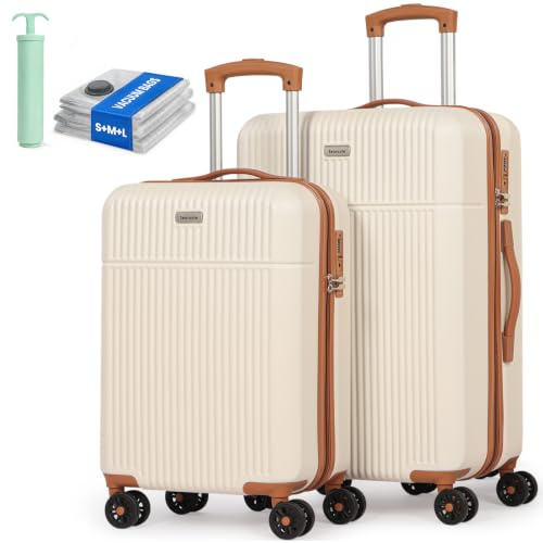 H.yeed Luggage Sets 2, ABS Hard Shell Lightweight Trolley Travel Suitcase Set with 4 Spinner Wheels TSA Lock for Man Women, 21 + 24 (White)