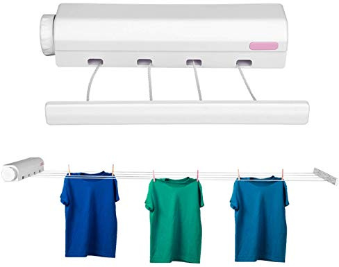 Tendedero retráctil de pared, 11×2in, montaje automático en la pared para secado retráctil con gancho de cuerda para interior y exterior (Cuatro cuerdas)