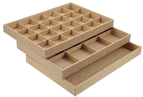 SOLUSTRE Bandeja Apilable Capacidad para Joyas de Lino y Madera Organizador Portátil para Anillos y Pendientes, Adecuado para Uso en Tocador o Exhibición