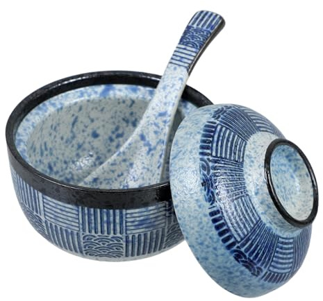 LIGIGWASH Ciotola Per Zuppa Miso Giapponese in Ceramica Con Coperchio e Cucchiaio Da Antiscivolo Design Stabile e Pratico Per Riso Ramen e Snack Adatta Per Cucina e Ristoranti