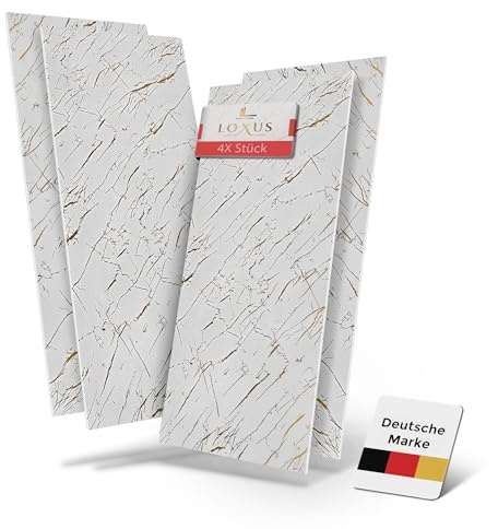 LoXus-Marble Look wall Panels-120 x 60 cm -PVC Wall Cladding for Kitchen Back and Shower Panels (White with Golden, 4 x Pcs)
