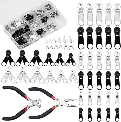 FEIGO 171 Stück Reißverschluss Reparatur Set, Reissverschluss Zipper Ersatz mit Zangen, Metall Schieber Reißverschluss Reparaturset, für Jacken Taschen Zelte Gepäck Schlafsack Koffer DIY