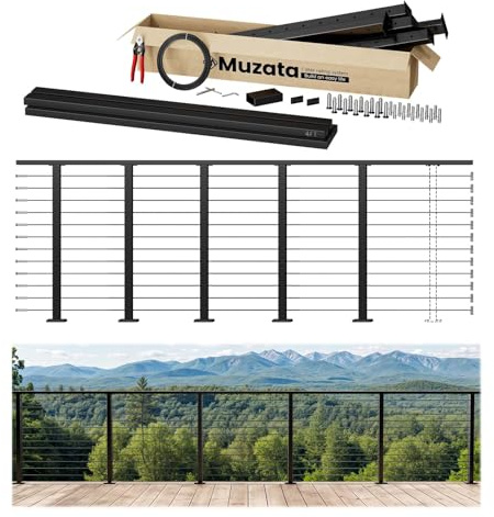 Muzata 16-20FT Modular Black Cable Railing Kit with Handrail 42 Inch 5 Level Post Kit Complete Set Cable Railing System for Decks Length Adjustable Easy DIY with Paper User Guide RW03