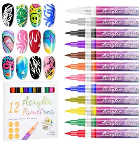 LOPHE Nagellack Stift Set, 12 Farben DIY Linie Nagelkunst Graffiti, 3D Nagelkunststift Set, Schnelltrocknende, Nageldesign, Graffiti-Acrylfarbe für Zuhause und Den Salon Nagel-DIY