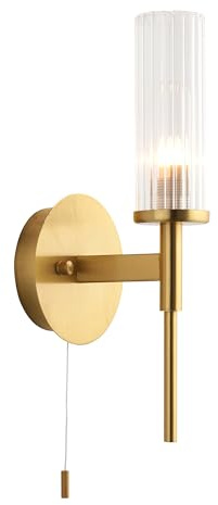 National Lighting Taylor 3W LED G9 Bathroom Wall Light - Satin Brushed Gold Wall Light with Clear Ribbed Glass, Elegant Lighting for Vanity & Bathroom - IP44 Vintage Lamp with Pull Cord Included