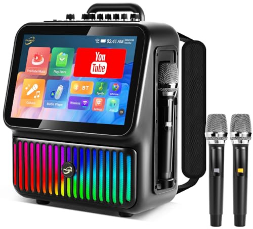 Karaoke Machine，Portable Bluetooth Karaoke Speaker with 2 Wireless Microphones，DJ Lights for Home Party Gathering, Karaoke Microphone Wireless PA System Supports