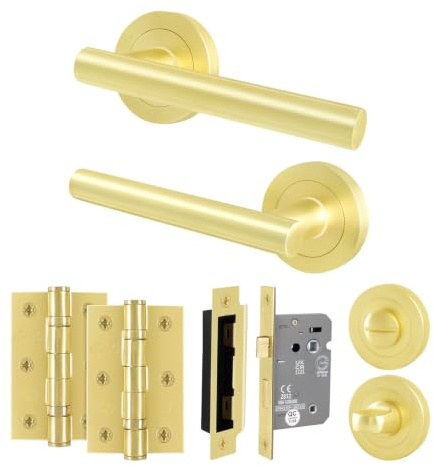 EAI Satin Brass Door Handles with Bathroom Lock 64mm, Hinges - Oliena | Complete Bathroom Kit with 1 Pair of T-Bar Door Handles, 64mm Lock, 76mm Hinges and Thumb Turn Set, Fixings Included