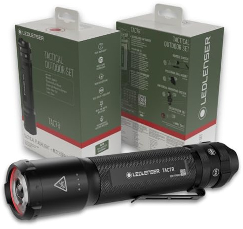 Ledlenser TAC7R Tactical Rechargeable Torch, 3200lm, Outdoor Set, RGB Mode | 370m Beam, Multi-Lens Technology, up to 30h Runtime, USB-C, IP68 Waterproof, Inc Accessories For Police, Security, Military