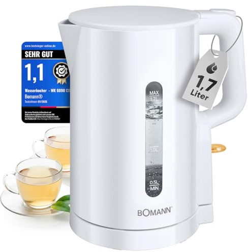 Bollitore Bomann 1,7 l | 2200 W per riscaldamento rapido | Senza BPA | Utilizzo con una sola mano | Indicatore del livello dell'acqua | Protezione contro il surriscaldamento | WK 6090 CB bianco