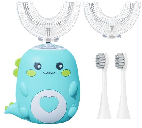 Fiotha 360° Ultraschall Zahnbürste Kinder, Elektrische Zahnbürsten für 2-12 Jahren, U-förmige Ultraschall Zahnbürste mit 2 U-Förmigen Silikonbürstenköpfen &2 Bürstenkopf, IPX7 Wasserdicht (B)
