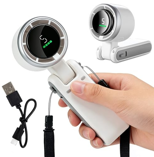 Fancysky Ventilador de Mano Portátil, Mini Ventilador Turbo Recargable USB, 5 Velocidades, Plegable 180°, 3 en 1 para Mano, Cuello y Mesa, Turbo Ventilador para Viajes Oficina y Exterior