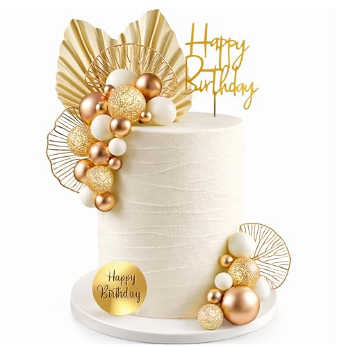 29PCS Gold Cake Decorations, Foam Balls Cake Decor, Cake Toppers, Ginkgo Leaf Palm Leaves Fan Cake Toppers, Gold Balls for Cake Decorating, Cake Topper Baby Shower Birthday Party Decor, Wedding