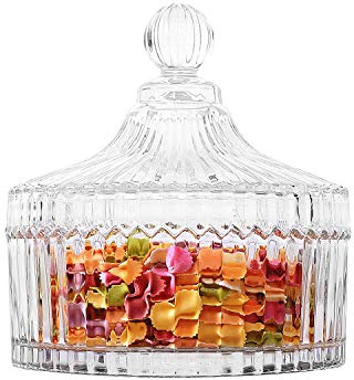 ComSaf Glass Candy Sweet Jar with Lid, Crystal Bon Bon Jar Covered Sugar Bowl Small Decorative Cookie Dish Buffet Storage Container Clear for Party Wedding Birthday Gift (Diameter: 13.5CM)