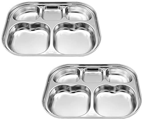 Korean Stainless Steel Divided Plates for Toddlers, Kids, Babies, Premium 304, Electro-Polished, No Black Residue, BPA-Free, 5-Compartment Food Tray, Camping, Picky Eaters, Set of 2