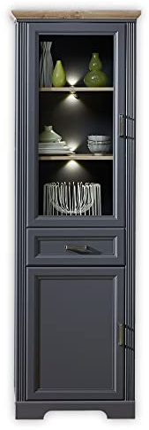 Stella Trading JASMIN Vitrine in Artisan Eiche Optik, Graphit - Vitrinenschrank mit LED-Beleuchtung und viel Stauraum im Landhausstil - 66 x 204 x 42 cm (B/H/T) | 66 x 204 x 42 cm (B/H/T), Vitrinenschrank im Landhausstil mit Glastür, Holztür und Schublade für den Wohnbereich