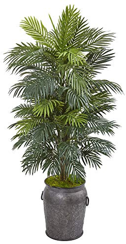 Nearly Natural 5’ Areca Palm Artificial Metal Planter Silk Plants, Green