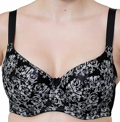 Liv Lingerie Ladies Black White Underwired Bra Full Cup Firm Hold and Uplift Regular and Large Plus Size (34 D, Black Paisley Print)