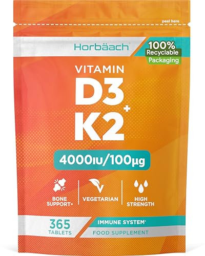 Vitamin D3 4000iu and Vitamin K2 MK7 100ug | 365 Tablets (1 Year Supply) | High Strength Vegetarian Supplement | Immune System & Bone Support | by Horbaach