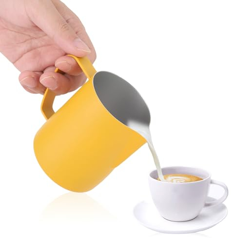 600ml Milk Jug, Stainless Steel Milk Frother Jug Steaming Pitcher Latte Art Cup for Coffee Machine Accessories, Yellow