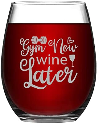 BYRON HOYLE Gym Now Wine Later Wine Glasses Funny Stemless Wine Glass Laser Engraved Whiskey Glass Shot Glass Unique Novelty Idea for Him, Her, Mom, Wife, Boss,15 oz