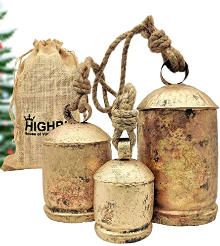HIGHBIX Set mit 3 riesigen Harmonie-Kuhglocken, riesiger Vintage-Stil, handgefertigt, rustikal, zum Aufhängen an Weihnachten, XL-Glocken am Seil (groß)