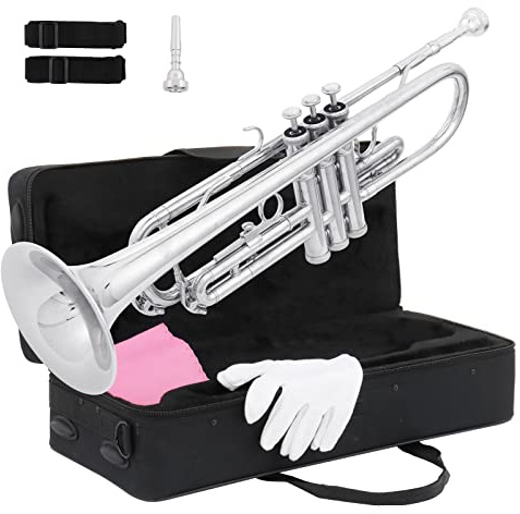 Ktaxon Bb Standard Trumpet for Beginners,Trumpet for Student with Hard Case,7C Mouthpiece,Cleaning Cloth,Gloves,Brass Instruments for Kids and Adults(Silver)