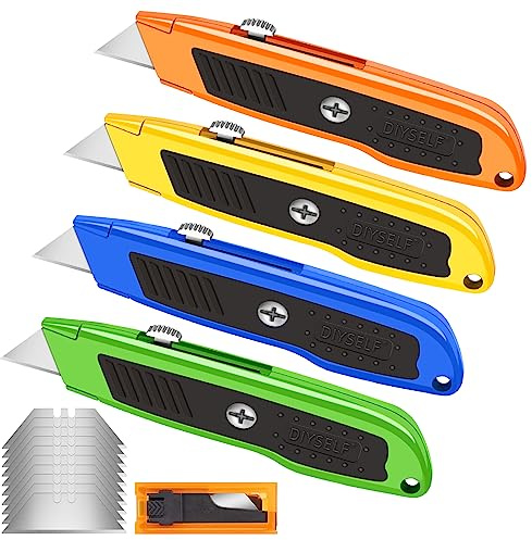 DIYSELF 4 Pack Retractable Box Cutters, Utility Knives with 10 Blades, Heavy Duty for Cardboard, Carpet, Paper