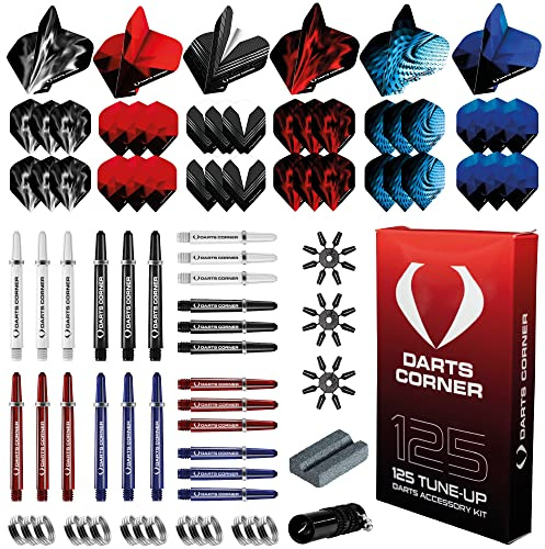 Darts Corner BX228 Tune Up Kit | 125-teiliges Zubehörset mit 24 Schäften, 36 Flights, Spitzenschützern, Schaftfedern, Schaftentferner und einem Stahlspitzen-Schärfwerkzeug