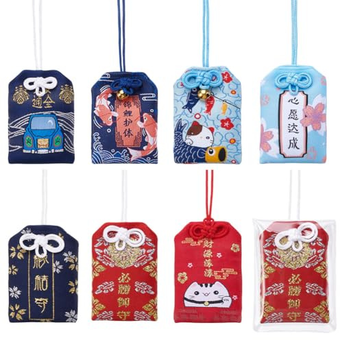 WEBEEDY 8 Piezas Bolsa De Bendición Accesorios, Japonesa Decoración De Coche Omamori Amuleto Colgante para Bendición, Éxito, Salud, Fortuna, Riqueza