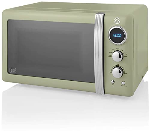 Swan Retro SM22030GNEU Microonde Digitale 20L, 5 Livelli di Potenza, Funzione di Scongelamento, Timer 60 Minuti, Porta Effetto Specchio, Piatto Girevole 27 cm, Design Vintage, Verde