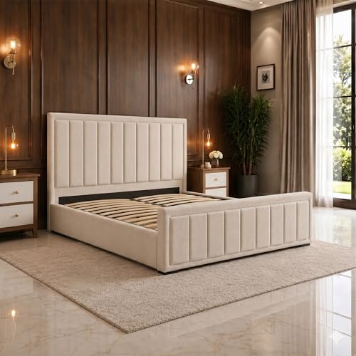 SANA SLEEP 4FT6 Ottoman Designer Plush Velvet Upholstered Bed Frame With Storage Option - Plush Cream