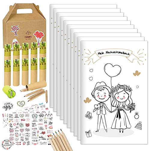 10er Set Hochzeitsmalbuch Kinder,Kindermalbuch Hochzeit,Ausmalbuch Hochzeit mit Buntstiften & Aufkleber,Malblock Hochzeit,Beschäftigung Hochzeit für Kinder,Gastgeschenke Hochzeit Kinder