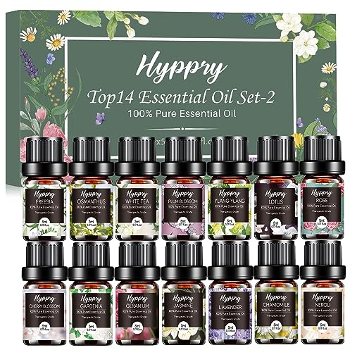 Hyppry Floral Fragrance Oils Set 14 x 5 ML, Natural Essential Oils for Diffusers for Home, Candle Making - Lavender, Rose, Freesia, Ylang-Ylang, Jasmine, Chamomile, Neroli, Cherry Blossom