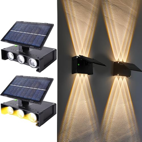 Joyes 2 stycken Solcellsvägglampa Utomhus, Justerbara Solcellslampor för Utomhusbruk med 6 Varma Lampor LED Vägglampor Upp Och Ner Ljus Dekorativa IP65 Vattentäta Sollampor för Trädgård Gräsmatta