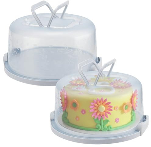 MUKLEI 2 PCS 26cm Round Cake Carrier with Handle, 10 Inch Aqua Blue Plastic Cake Carrier Box, Large Cake Storage Container Round, Cake Transporter Cake Holder with Lid for Take-out