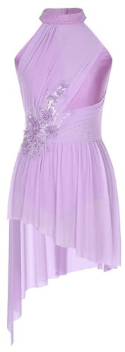 inhzoy Robe De Patinage Artistique sur Glace pour Femme Robe Danse Ballet Spectacle Asymétrique Fleur Broderie sans Manches S-XXL A Violet M