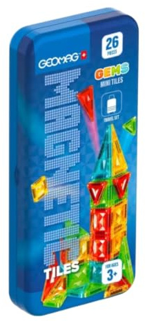 GEOMAG - Magnetic Mini Tiles Travel 26 | Bärbar magnetisk konstruktionssats | Set med färgade paneler för resor | Leksak för kreativ geometri | Magnetiskt delfodral