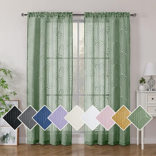 Simplebrand Sheer Sage Green Curtains 72 Inches Long 2 Panels for Window, Geometric Mid Century Light Filtering Semi Sheer Curtains for Front Back Patio Glass Door with Rod Pocket, 42 Wx72 L