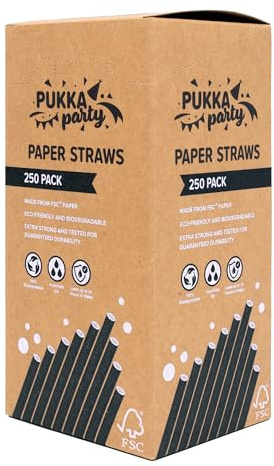 PUKKA party Paper Straws – Pack of 250 Eco-Friendly, Biodegradable Drinking Straws – Extra Strong Durability, Lasts up to 24 Hours in Water – Counter Display Unit with Tear-Away Top – Black, 19.5cm