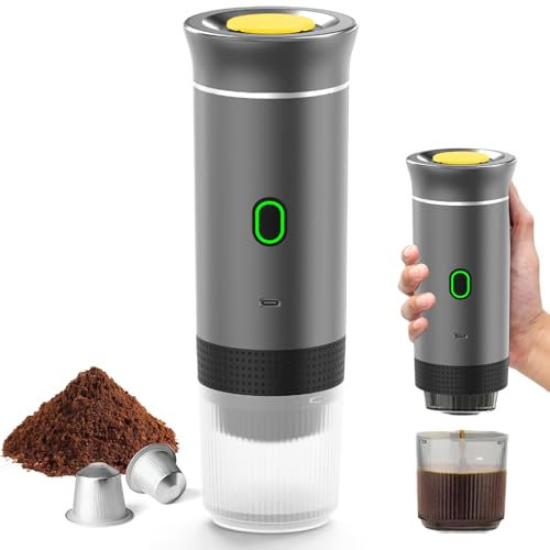 Portable Coffee Maker, 3 in 1 Portable Coffee Maker, 12V Self-Heating 4-6 Minutes, Small Capsules, Large Capsules, Ground Coffee, for Camping, Office, Home, Car (Grey)