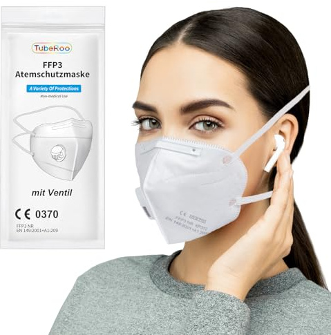 TubeRoo FFP3 Maske mit Ventil 24 Stück Masken, Versand aus Deutschland, Kopfband, Atemschutzmaske mit Ausatemventil, Staubmaske Feinstaubmaske Staubschutzmaske Atemschutz Feinstaub Mundschutz