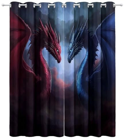 Kinder Vorhänge Roter und blauer orientalischer Drache Ösen Gardinen mit Blickdichte Thermo Vorhang Kälteschutz Blackout Curtain Kinderzimmer Schlafzimmer Fantasy-Kunst Ösenvorhang H 230 x B 117 cm