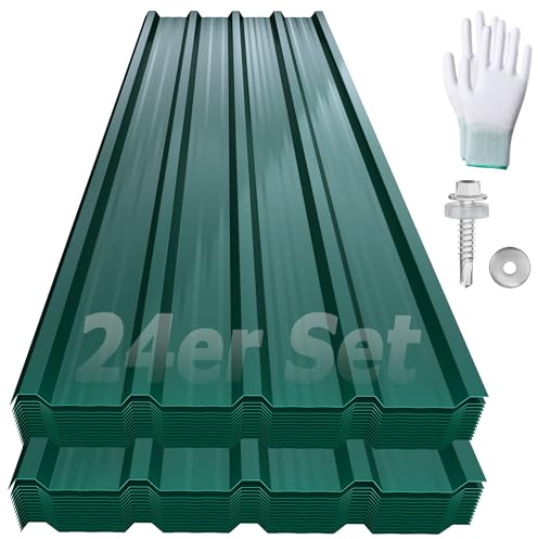 YRHome Lamiera trapezoidale, in lamiera di acciaio, resistente alle intemperie, in lamiera ondulata, per garage, tetto con viti e guanti, colore verde, set da 24 pezzi