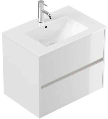 Lomadox Badezimmer Waschtisch 70 cm in weiß Hochglanz, Keramik-Waschbecken, 2 Schubladen, wandhängend