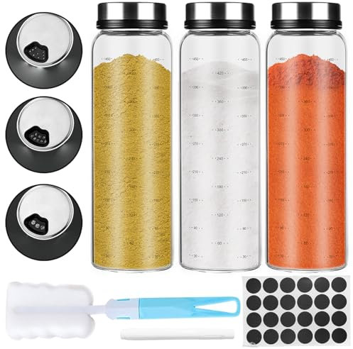 WANDGU Tarros de especias de vidrio de borosilicato: 3 tarros grandes de 500 ml con tapa giratoria y 3 tipos de agujeros para especias, recipiente redondo y tapa de acero inoxidable