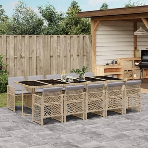 IKAYAA Gartenmöbel Set Rattan 10 Personen Garten sitzgruppe 10 Personen Gartentisch Set mit 10 stühlen Gartengarnitur Sitzgarnitur Essgruppe mit Kissen-Beige und Grau-11-tlg