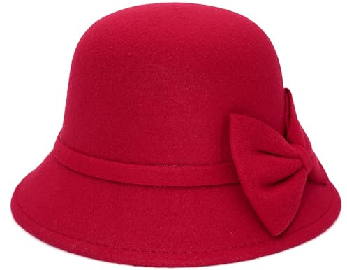 Buywis Damen Filz Cloche Bowler Hut mit Schleife Fedora Bucket Hut 1920er Vintage Derby Kirchenhüte, rot, Einheitsgröße