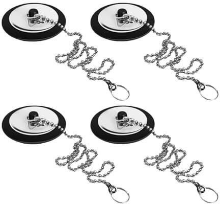 QINCINA 4 Pcs Universal Sink Plug, Black Rubber, 43mm, 23mm, Kitchen & Bathroom Sink Plug Replacement, 40cm Stainless Steel Chain (4 Pack)
