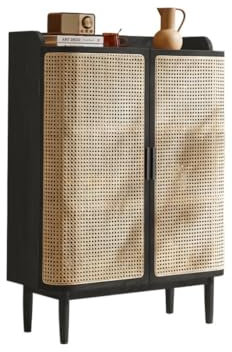 Meuble à chaussures moderne en bois massif et rotin – Buffet élégant et buffet de rangement pour entrée de maison, noyer et noir, solution de rangement polyvalente pour la cuisine